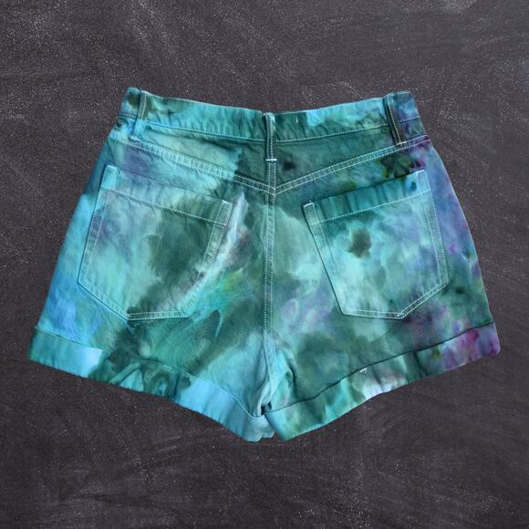 Ice Dyed Denim Shorts - High-rise Pleated - Upcycled - Jade Purple (Women's 27) - Picture 2 of 12
